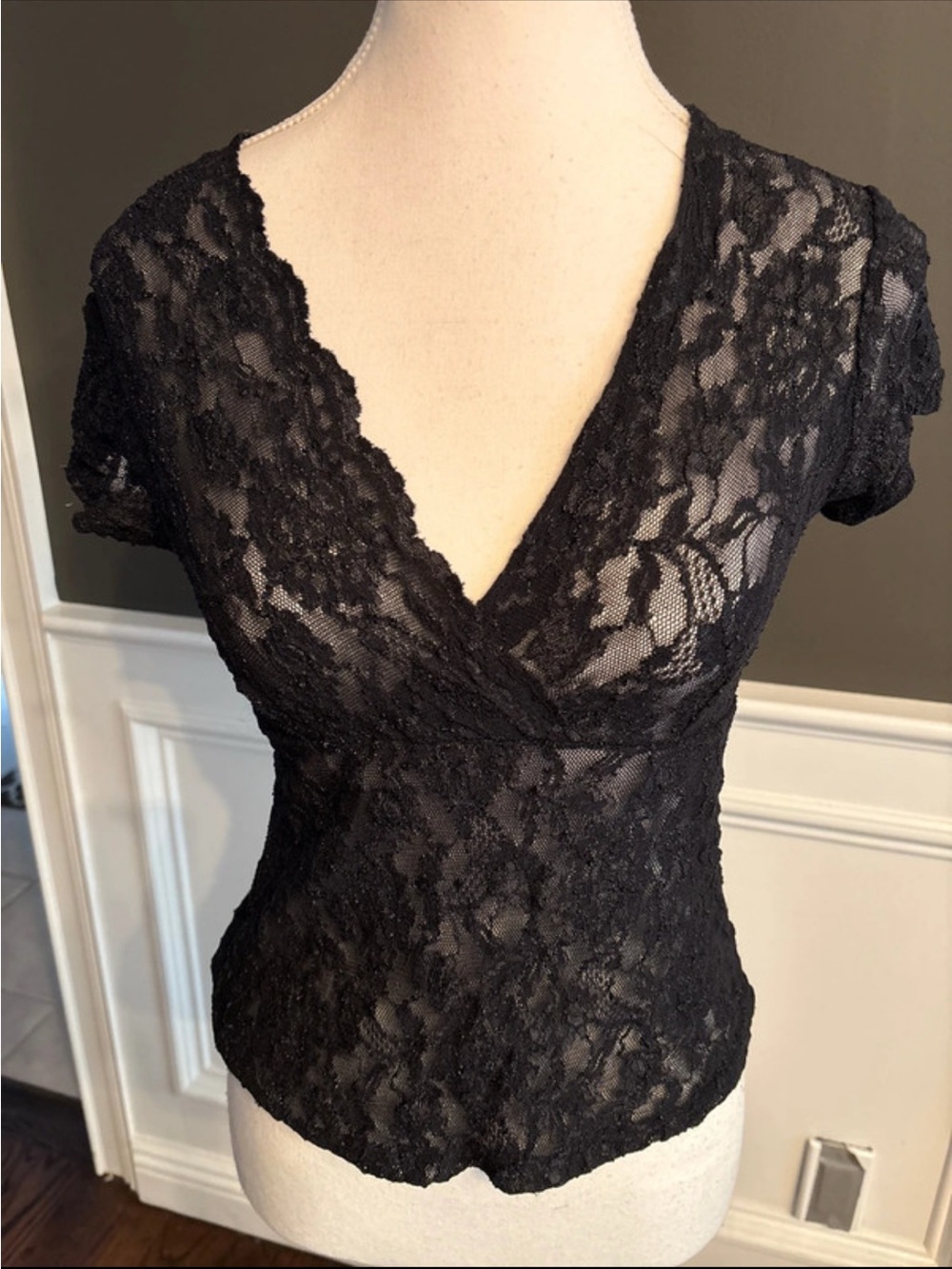 Source Unknown Black Lace Wrap-Front Short Sleeve Top